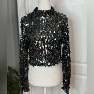 DKNY Jeans Gunmetal Sequin Cropped Top | Long Sleeve | Size L | NWT